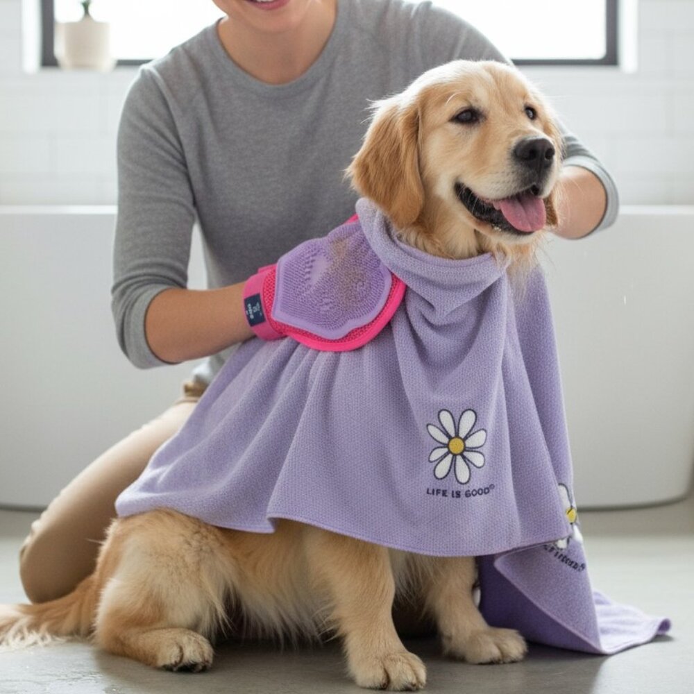 NWT Life is Good Pet Drying Towel & Grooming Mitt Set - Lavender Daisy